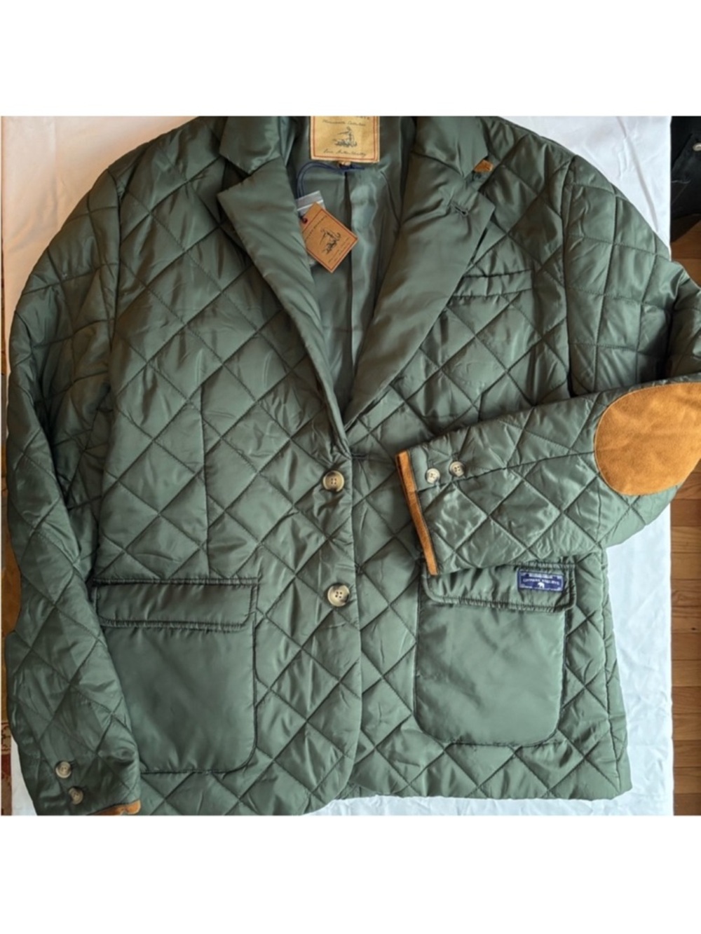 Quilted Olive Green Men's Blazer Jacket with Suede Elbow Patches